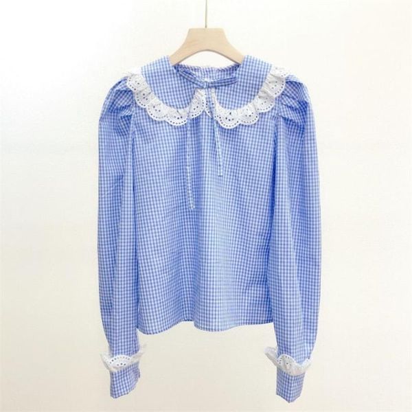 

blue plaid front and back two-wear shirts 2020 autumn new long sleeve straight lace doll collar bow sweet blouse women, White