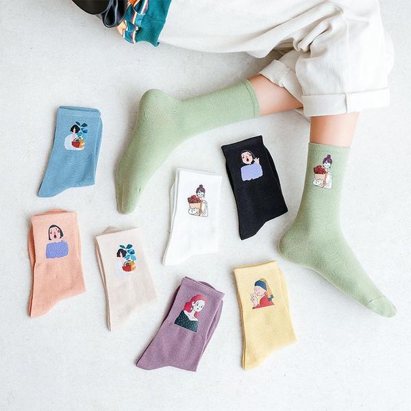 

women socks 2020 autumn winter new cartoon printing elastic breathable women fashion socks happy cute wild cotton1, Black;white