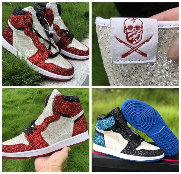 

jumpman 1 the north pole chicago by the shoe surgeon 2020 new men womens basketball shoes red blue diamond crystallized