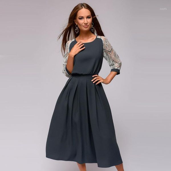 

women casual lace patchwork a-line party dress lady seven sleeve o neck elegant dress 2018 vintage autumn winter women mid1, White;black