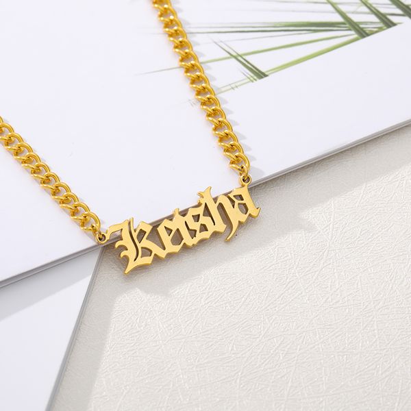 

personalized name necklace stainless steel curb chain custom old english font pendant handmade men jewelry for women bridesmaid q1114, Silver