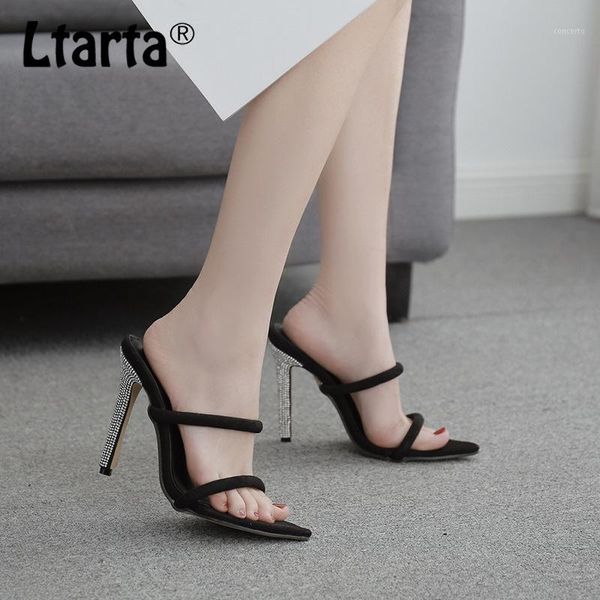 

ltarta 2020 summer fashion flash diamond stiletto pointed high heels sandals large size suede open toe women's shoes zl1, Black