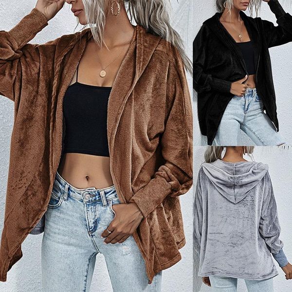 

women's jackets autumn fleece cardigan coat ladies long sleeve lightweight casual hooded, Black;brown