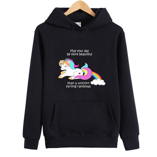 

9324#2020 autumn / winter new color unicorn color print hooded loose long sleeve sweater, Black