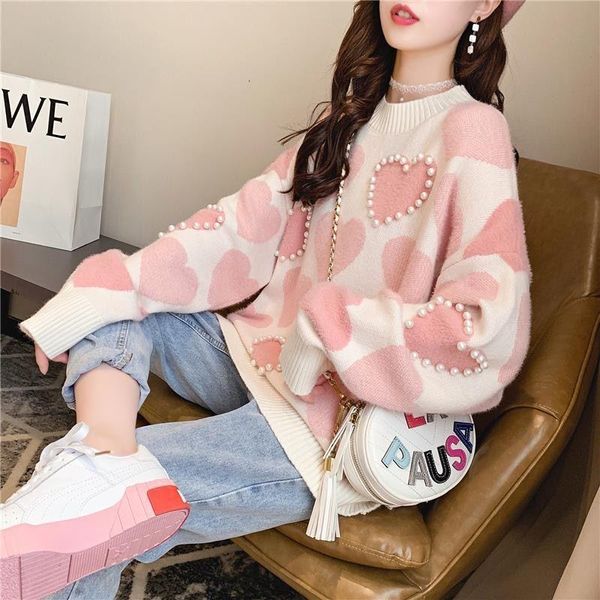 

new winter christmas sweaters women korean style pearl heart-shaped sweater knitted pullover long sweater clothes women, White;black