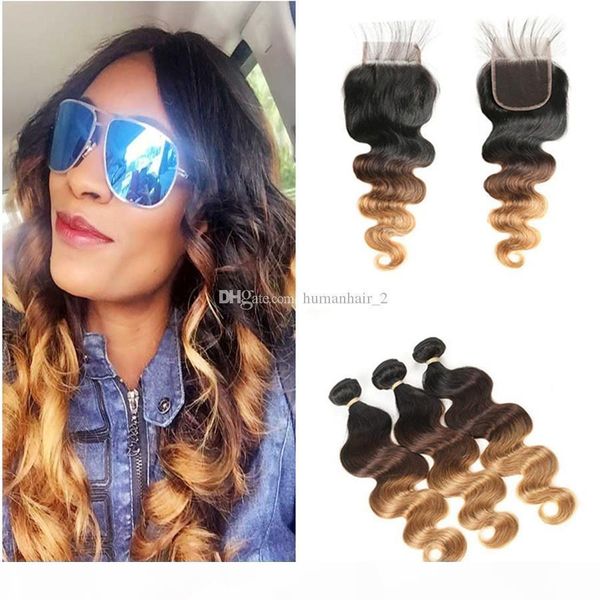 

9a ombre malaysian virgin human hair body wave 3 bundles with 4x4 lace closure with baby hair three tone colored 1b 4 27, Black;brown