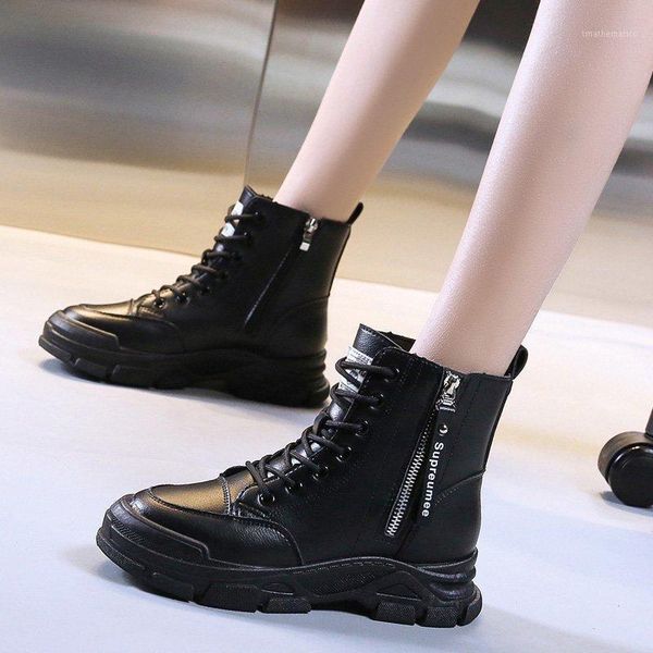 

fashion round toe lace up boot women solid color mid heel ankle boots winter platform zipper women shoes zapatillas mujer1, Black
