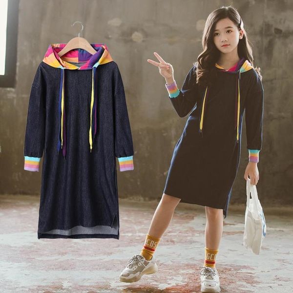 

new autumn korean version of 20 zhongda girl's t-shirt solid color fashion rainbow strip denim long sve drs children's skirt, Red;yellow