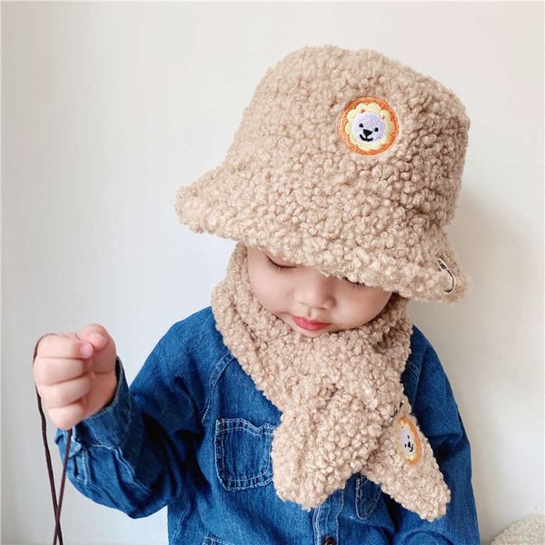 

suit baby scarf winter warm children's two-piece set tide boys and girls basin with veet cold proof fisherman's hat, Red;brown