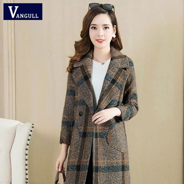 

vangull plaid woolen coats suit collar double breasted slim fashion thick warm coats autumn winter elegant pockets long outwears lj201109, Black