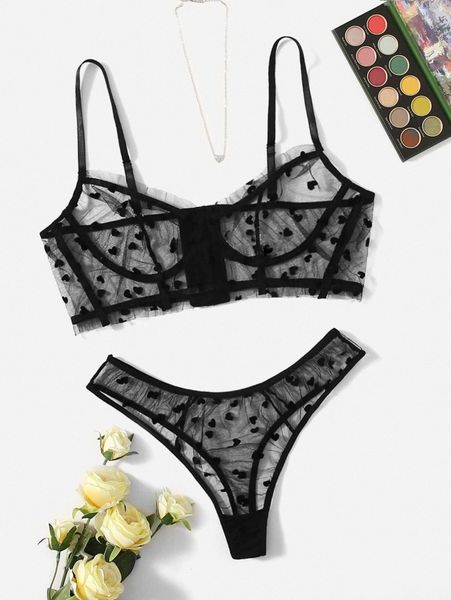 

plus heart pattern sheer mesh underwire lingerie set c34f#, Black;white