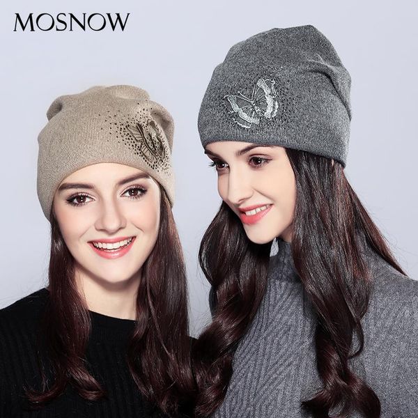

beanie/skull caps mosnow 2021 women's hats wool butterfly rhinestones autumn winter knitted beanie hat female #mz718, Blue;gray
