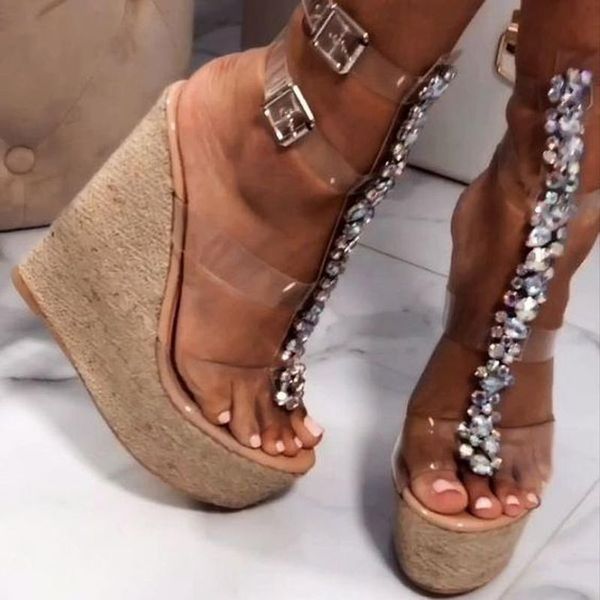 

sandals woman bling rhinetsone embellished clear pvc strap platform wedge high heel peep toe shoes summer beach sandalias, Black