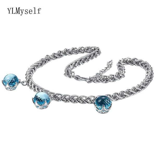 

42+4.5 cm brass metal hiphop keel chain necklace with multiple cut blue zirconia pendant rock jewelry for women, Silver