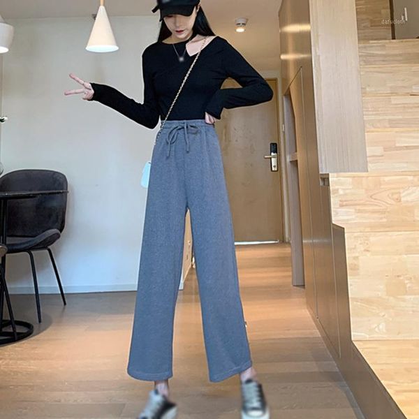 

etosell black wide-leg pants women vintage straight high waist long pants korean loose casual plus size1, Black;white