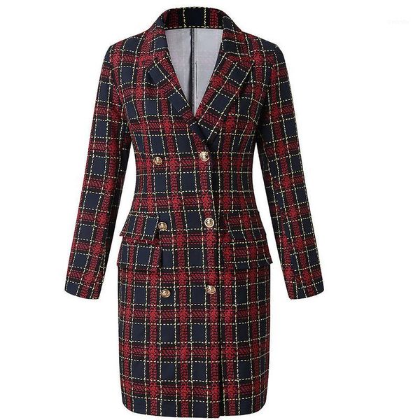 

fall tailored coat women office ladies plaid red slim double breasted coat dress ladies v neck vintage female1, Black