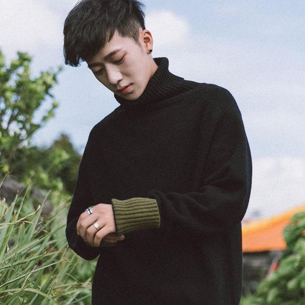 

gangfeng men's winter thick warm pullover sweater korean version of turtleneck loose sweater men's, White;black