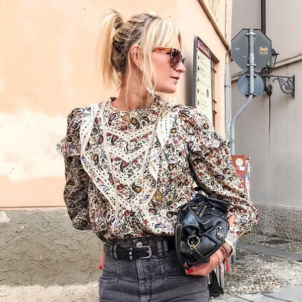 

new hollow out floral print ruffle blouse women spring long sleeve stand neck chic shirts casual vintage shirt 2021 r0rb, White