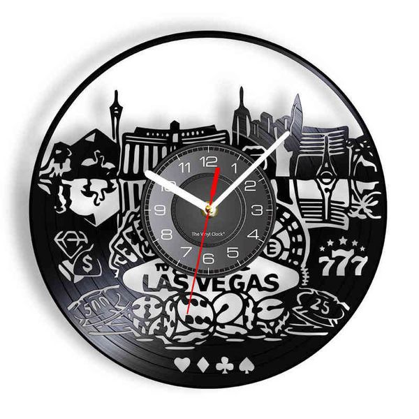 Las Vegas Landscape Vinyl Record Art Casino Orologio da parete Nevada Cityscape Home Office Gioco d'azzardo Decor Orologio da parete in vinile retrò H1230