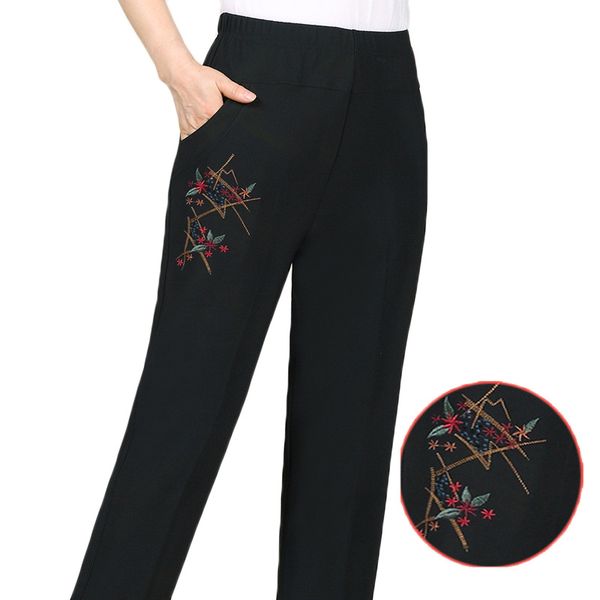 

2021 new spring autumn women trousers elastic waist embroidery black plus size 5xl middle-aged older female straight pants 4154, Black;white