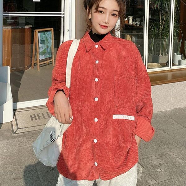 

new women's blouses solid corduroy vintage blouse turn-down collar loose button up shirt feminina blusas mujer, White