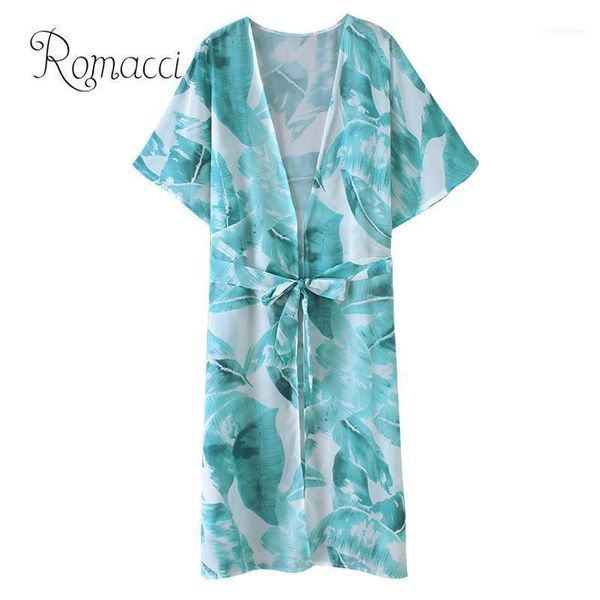 

romacci women chiffon kimono cardigan leaves print half sleeve tie-waist saida de praia loose outerwear bikini cover up green11, White