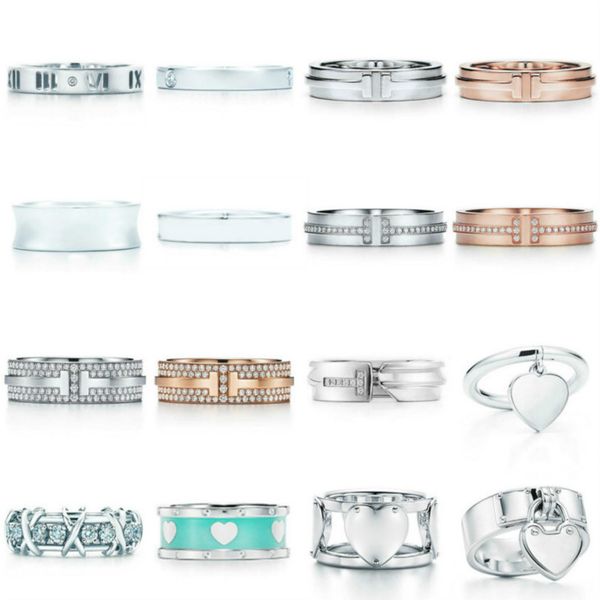 

2021 new 100% 925 sterling silver blue heart classic letter logo zircon tif ring color rose gold women original fashion jewelry gift 213, Golden;silver