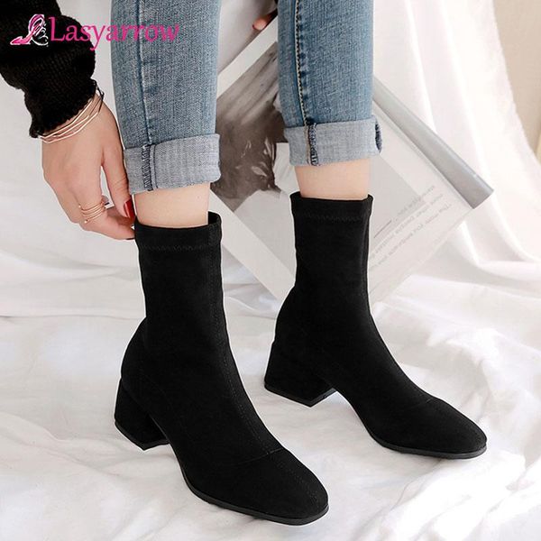 

boots lasyarrow stretch socks women shoes slip ankle spring winter elegant square high heels female plus size, Black