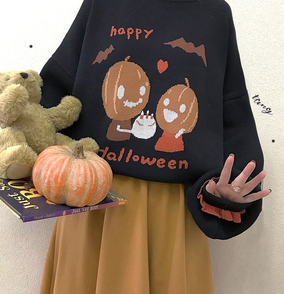 

women halloween pumpkin's birthday party sweater japanese cute lace loose lantern sleeve cartoon knitted pullover mori girl 201201, White;black