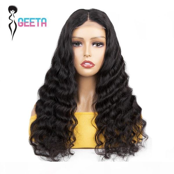 

geeta loose deep wave closure wig 180% 4x4 lace front human hair wigs pre plucked loose deep lace frontal wigs closure, Black;brown