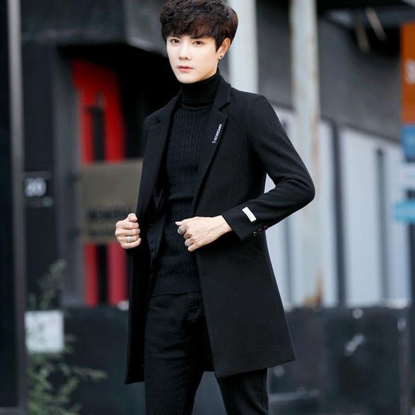 

woolen coat men's medium long winter plush men's coat, Black