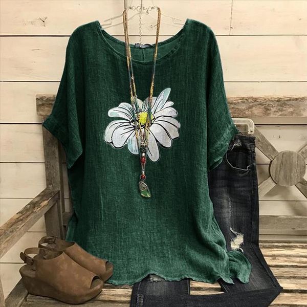 

flower print cotton linen blouses women summer blouses casual o neck bat short sleeves shirt large size t1g, White