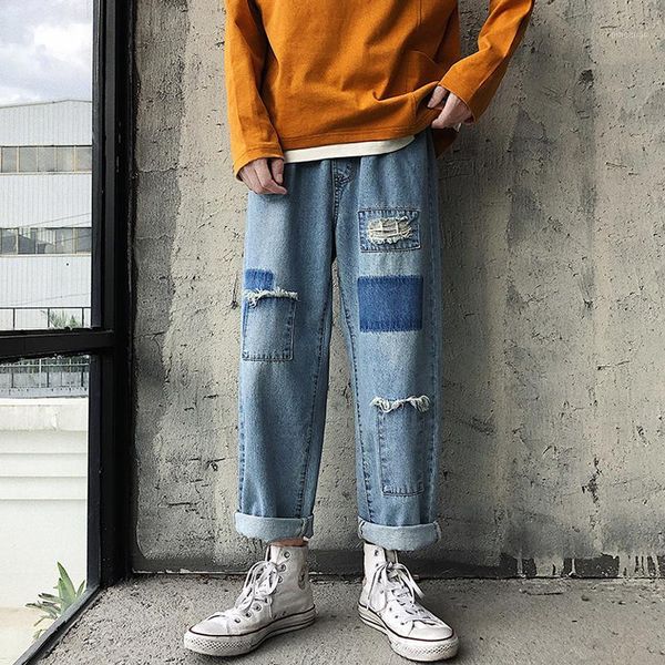 

2019 men's baggy homme classic style male cargo pocket holes jeans blue color casual pants biker denim mens loose trousers s-2xl1