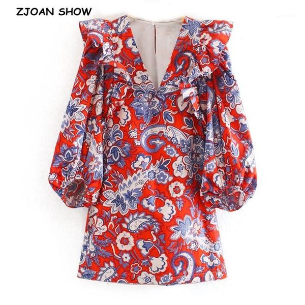 

2020 autumn v neck spliced ruffles long lantern sleeve paisley floral print mini short dress holiday women dresses red1, Black;gray