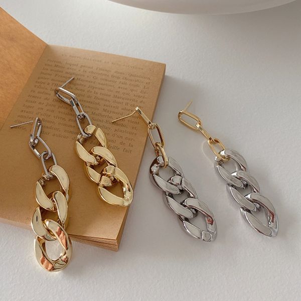 

2021 korea cuba bright gold exaggerated metal chain stud earring retro fasion earring prevent allergy pin punk prom vintage jewelery, Silver