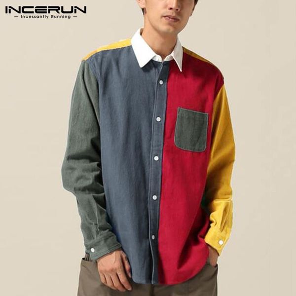 

incerun men patchwork shirt brand long sleeve turn down collar streetwear button spring fashion casual camisas hombre s-3xl, White;black