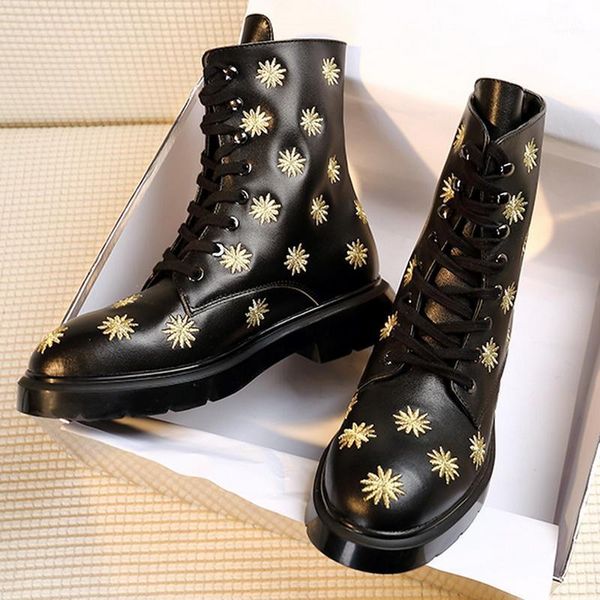 

boots black embroidery leather riding round toe flat ankle fashion motorcycle women1