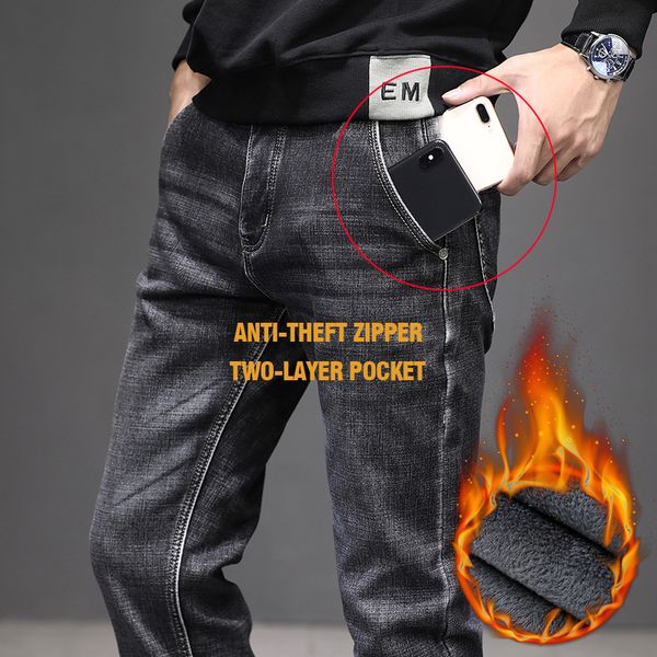 

anti-theft design zipper 2019 winter new warm denim of men classic style regular fitting strain jean pants designer jeans, Blue