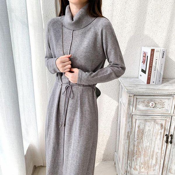 

winter thicken turtleneck knit dress women lace up solid color long dresses female knitwear soft vestidos 2021 high quality, Black;gray