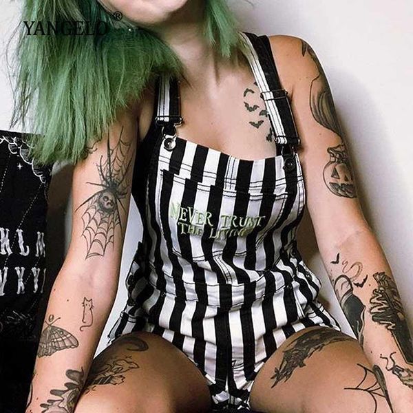 

yangelo stripe shortalls women 2020 new harajuku high waist casual suspenders shorts for gothic girls strap short jumpsuit1, Black;white
