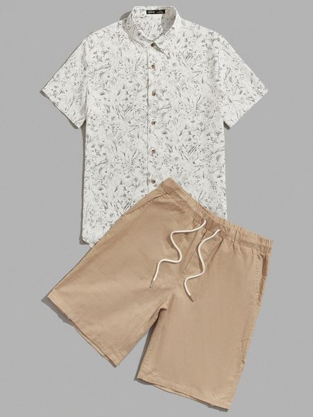 

men floral print button front shirt & drawstring waist shorts x7nw#, Gray