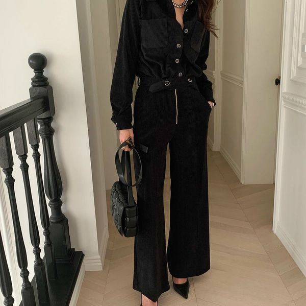 

2021 new women's clothes of two solid single pieces breasted pit shirts pockets loose lanes wide leggings winter mail sets 61e8, Gray