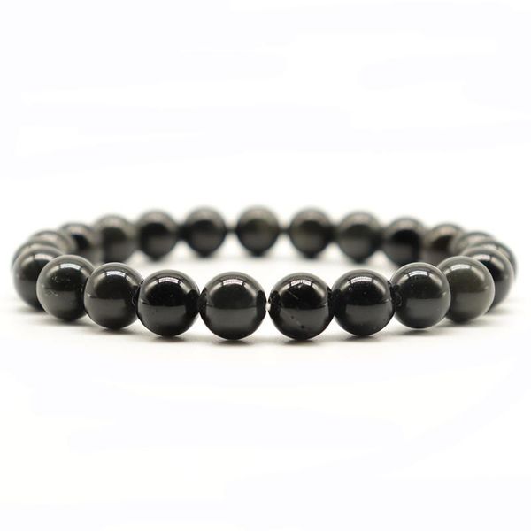 

noter 100% natural obdisian stone bracelet mens 6/8/10mm round black smooth beads braslet yoga meditation strand brazalete gift, Golden;silver