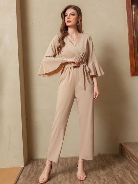 

flounce sleeve surplice neck belted jumpsuit 90iy#, White