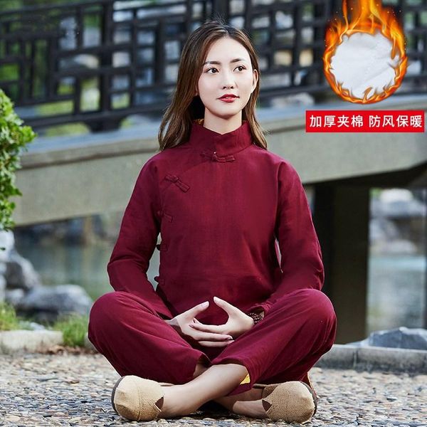 

yoga outfits winter meditation kungfu tai chi uniforms women set linen fleece warm outfit casual workout tracksuit sweatshirt+pant, White;red