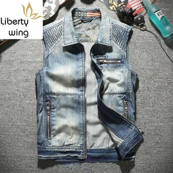 

men fashion new biker motorcycle sleeveless denim jacket punk style zipper cowboy vest male summer casual outerwear s-3xl1, Black;white