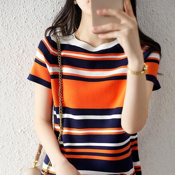 

tee shirt 2020 summer new knitted t-shirt women casual woman t-shirts striped hit color loose tee shirt femme, White