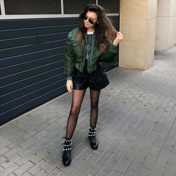 

fashion za vintage women chic green oversize bomber jacket stylish female pockets zippers coat casual ladies outerwear, Black;brown