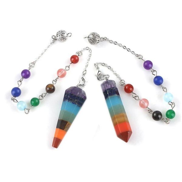 

rainbow 7 chakra natural gem stone beads chain hexagon prism pendulum reiki charm healing layered dowsing pendant jewelr jllwad, Black