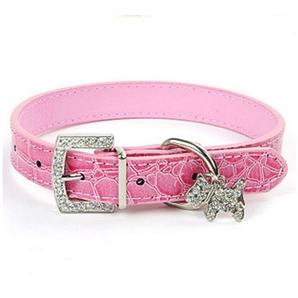 

dog collars & leashes pet lovely alloy rhinestone inlaid buckle chain crocodile grain pu leather belt collar1